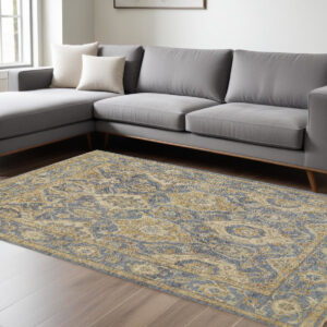 8' X 10' Blue Gold And Tan Wool Floral Hand Knotted Stain Resistant Area Rug With Fringe