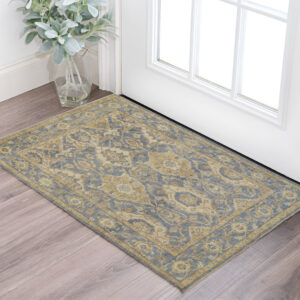 2' X 3' Blue and Gold Wool Floral Hand Knotted Area Rug With Fringe