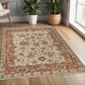 4' X 6' Red and Ivory Wool Floral Hand Knotted Area Rug