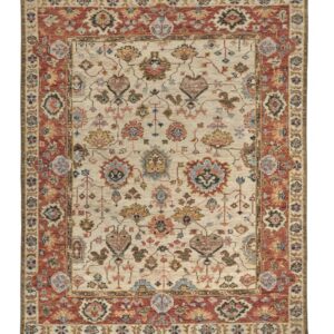 9' X 12' Red and Ivory Wool Floral Hand Knotted Area Rug With Fringe