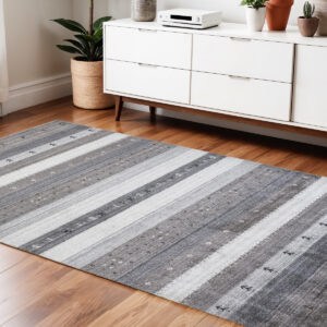 4' X 6' Gray Silver And Black Wool Striped Hand Knotted Stain Resistant Area Rug