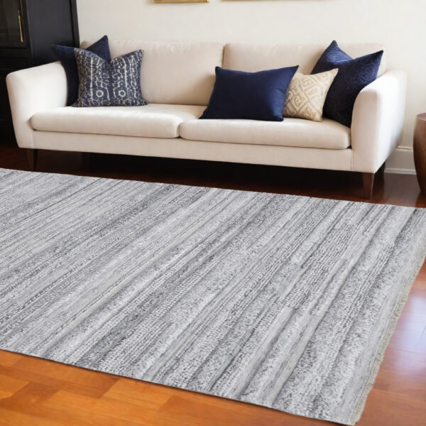 10' X 14' Gray Silver And Ivory Striped Hand Woven Stain Resistant Area Rug