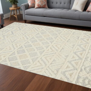 9' X 12' Ivory Blue And Tan Wool Geometric Tufted Handmade Stain Resistant Area Rug