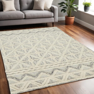 5' X 8' Ivory And Black Wool Geometric Tufted Handmade Stain Resistant Area Rug