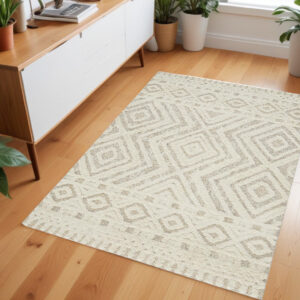 4' X 6' Ivory And Tan Wool Geometric Tufted Handmade Stain Resistant Area Rug