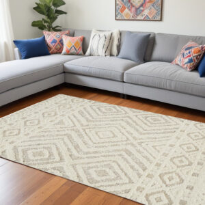 10' X 14' Ivory And Tan Wool Geometric Tufted Handmade Stain Resistant Area Rug