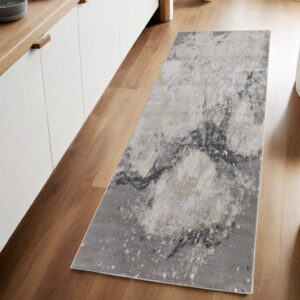 8' Gray and Ivory Abstract Power Loom Non Skid Runner Rug