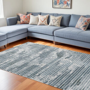 8' X 10' Blue And Gray Polka Dots Distressed Stain Resistant Area Rug