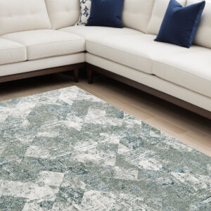 10' X 13' Green And Ivory Patchwork Distressed Stain Resistant Area Rug