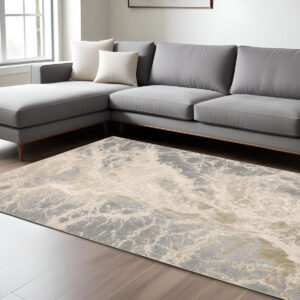 7' X 10' Ivory Silver And Gold Abstract Stain Resistant Area Rug