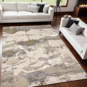 5' X 8' Gray Ivory And Gold Abstract Stain Resistant Area Rug