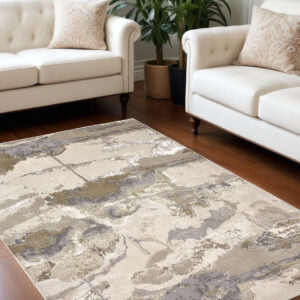10' X 13' Gray Ivory And Gold Abstract Stain Resistant Area Rug