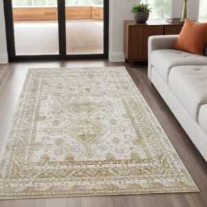 5' X 8' Gold And Ivory Floral Stain Resistant Area Rug