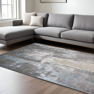 12' X 15' Gray Ivory And Blue Abstract Stain Resistant Area Rug