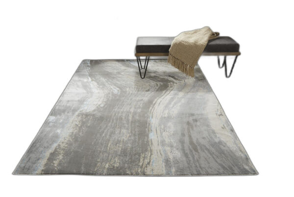 5' X 8' Gray Ivory And Blue Abstract Stain Resistant Area Rug