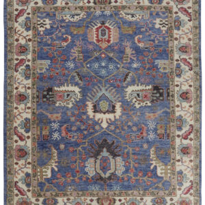 12' X 15' Blue And Red Wool Floral Hand Knotted Stain Resistant Area Rug