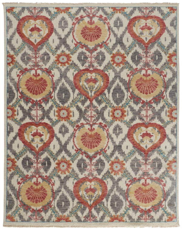 2' X 3' Orange and Ivory Wool Floral Hand Knotted Area Rug