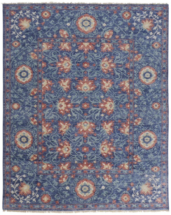 10' X 13' Blue And Red Wool Floral Hand Knotted Stain Resistant Area Rug