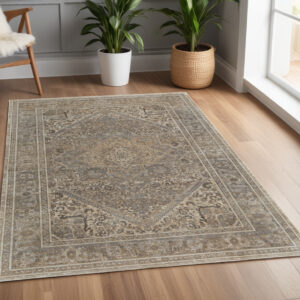 4' X 6' Tan and Brown Floral Power Loom Distressed Non Skid Area Rug