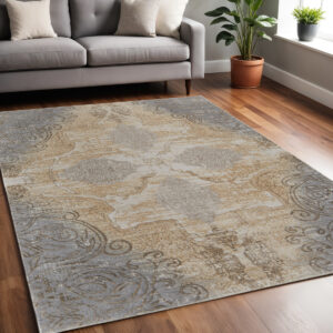 5' X 8' Tan and Gray Floral Power Loom Non Skid Area Rug