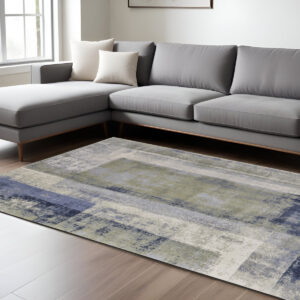 8' X 10' Blue and Ivory Abstract Power Loom Distressed Area Rug