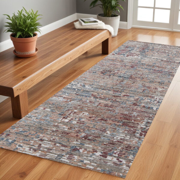 8' Red And Blue Wool Abstract Hand Knotted Runner Rug