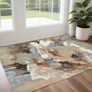 2' X 3' Tan and Gray Wool Floral Hand Tufted Area Rug