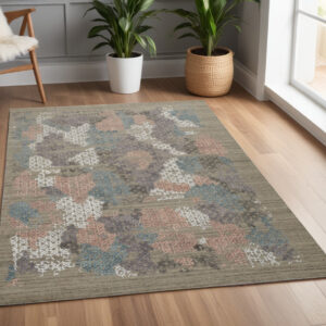 4' X 6' Pink and Blue Abstract Hand Woven Distressed Area Rug