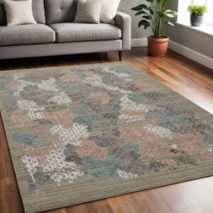 5' X 8' Pink Blue And Taupe Abstract Hand Woven Area Rug