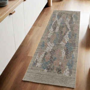 8' Pink Blue And Taupe Abstract Hand Woven Runner Rug