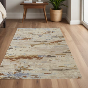 4' X 6' Ivory Blue And Brown Wool Abstract Tufted Handmade Stain Resistant Area Rug