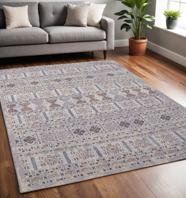 5' X 8' Gray and White Geometric Power Loom Distressed Area Rug