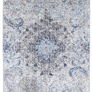8' Ivory Taupe And Blue Floral Power Loom Distressed Stain Resistant Runner Rug