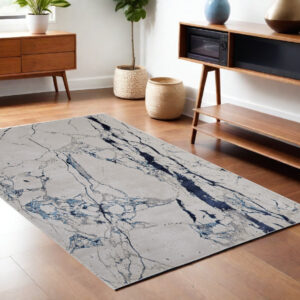 4' X 6' Ivory and Blue Marble Power Loom Distressed Area Rug