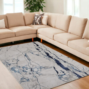8' X 10' Ivory and Blue Marble Power Loom Distressed Area Rug