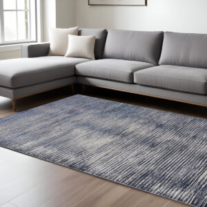 8' X 10' Blue and Ivory Striped Power Loom Distressed Non Skid Area Rug