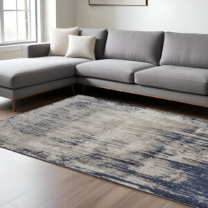8' X 10' Tan and Blue Abstract Power Loom Distressed Non Skid Area Rug