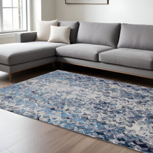 7' X 10' Blue and Ivory Geometric Power Loom Distressed Non Skid Area Rug