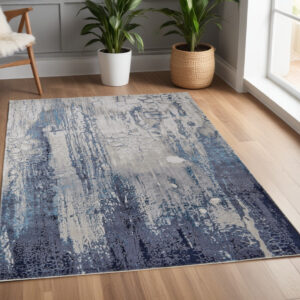 4' X 6' Ivory and Blue Abstract Power Loom Distressed Non Skid Area Rug