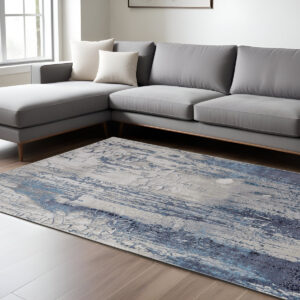 8' X 10' Ivory and Blue Abstract Power Loom Distressed Non Skid Area Rug