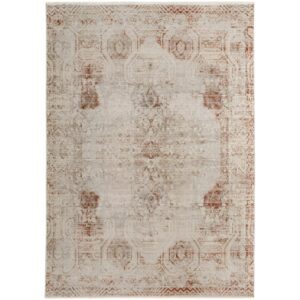 2' X 3' Tan Ivory And Orange Floral Power Loom Distressed Area Rug With Fringe