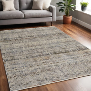 5' X 8' Tan and Ivory Geometric Power Loom Distressed Non Skid Area Rug With Fringe