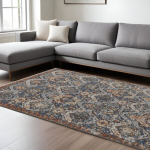 12' X 15' Blue Orange And Ivory Floral Power Loom Area Rug With Fringe