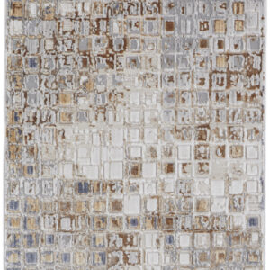 8' Tan Ivory And Blue Geometric Power Loom Distressed Runner Rug
