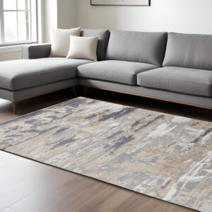 8' X 10' Tan and Ivory Abstract Power Loom Distressed Non Skid Area Rug