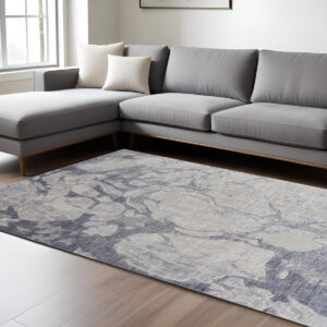 8' X 10' Ivory and Blue Abstract Power Loom Distressed Non Skid Area Rug