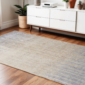 4' X 6' Tan Brown And Blue Abstract Power Loom Distressed Area Rug
