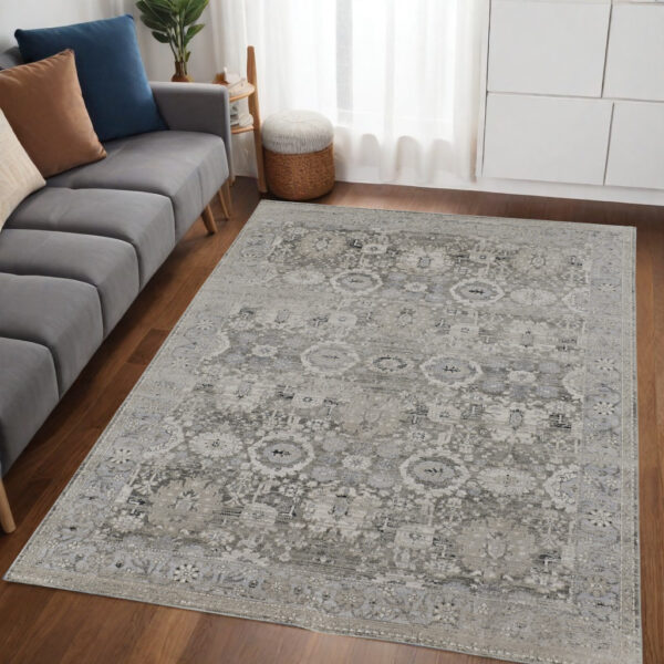 5' X 8' Gray And Silver Abstract Power Loom Distressed Area Rug