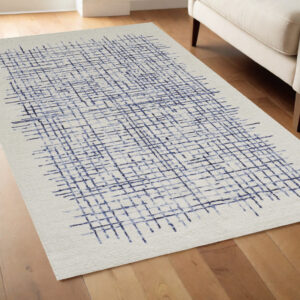 4' X 6' Ivory and Blue Wool Crosshatch Hand Tufted Area Rug