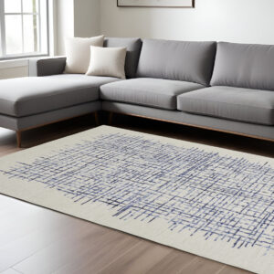 8' X 10' Ivory and Blue Wool Plaid Hand Tufted Area Rug
